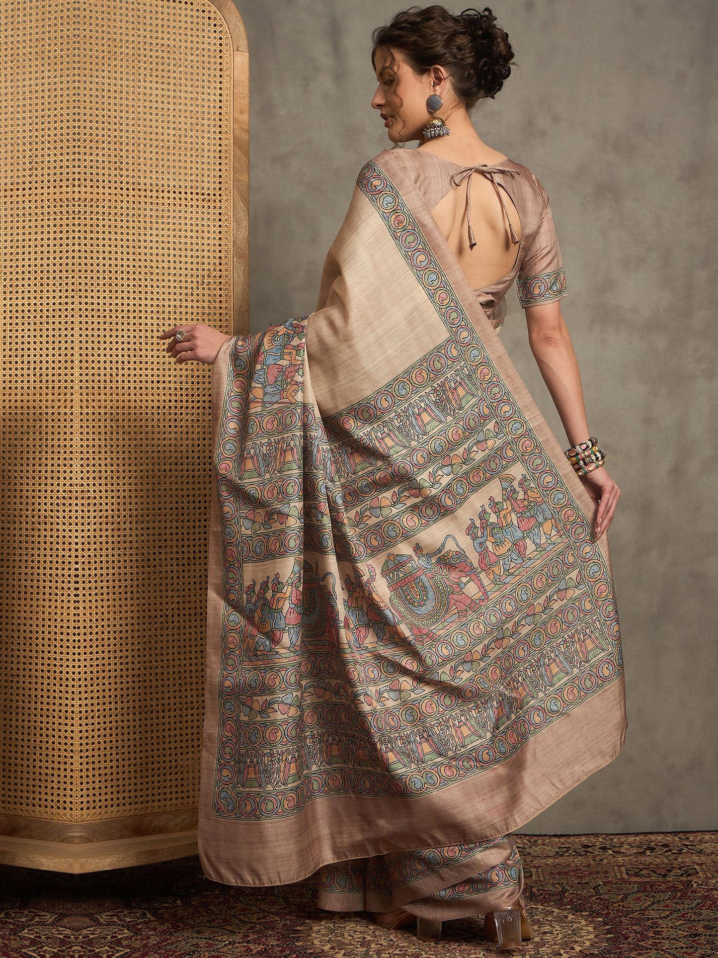 Beige Tussar Silk Blend Printed Saree