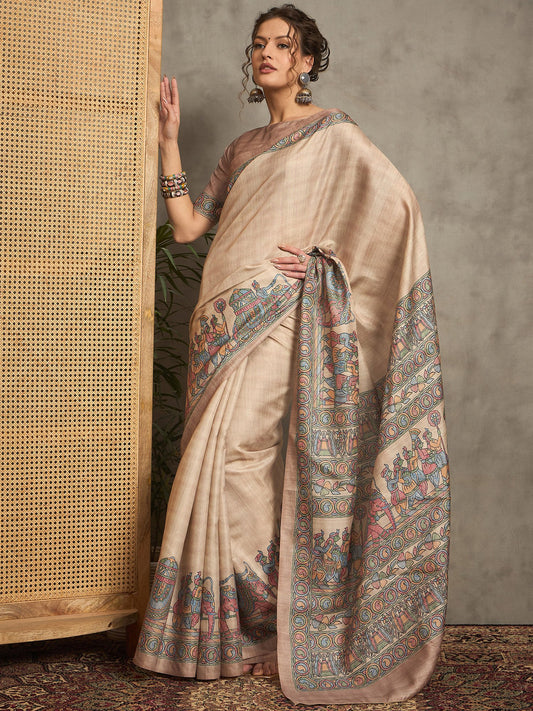 Cream Beige Tussar Silk Blend Printed Saree