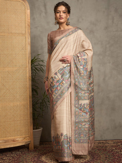 Beige Tussar Silk Blend Printed Saree