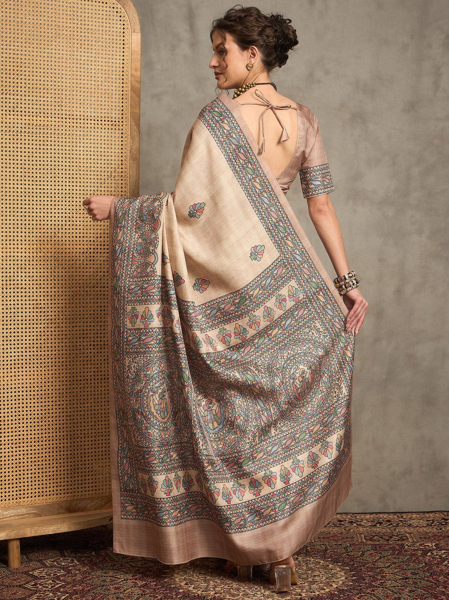 Beige Tussar Silk Blend Printed Saree