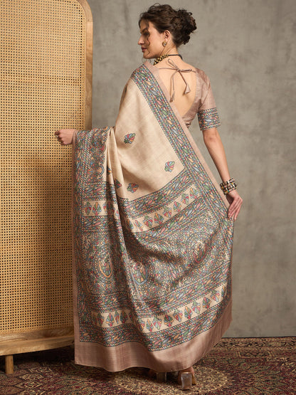 Beige Tussar Silk Blend Printed Saree