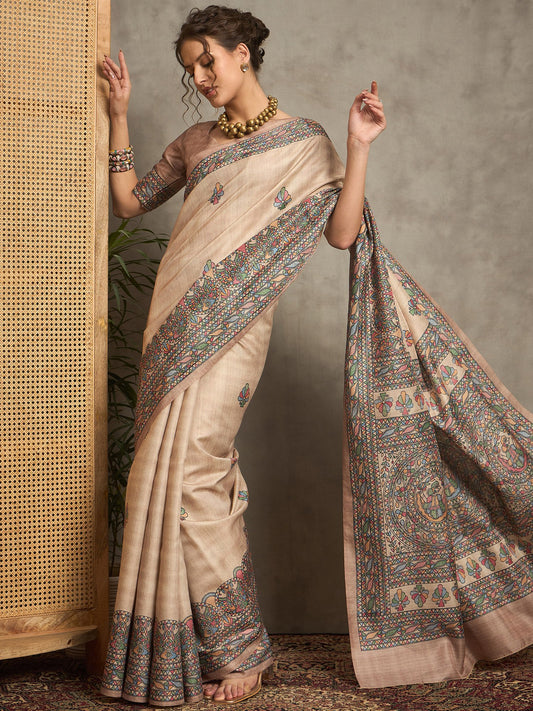 Cream Beige Tussar Silk Blend Printed Saree