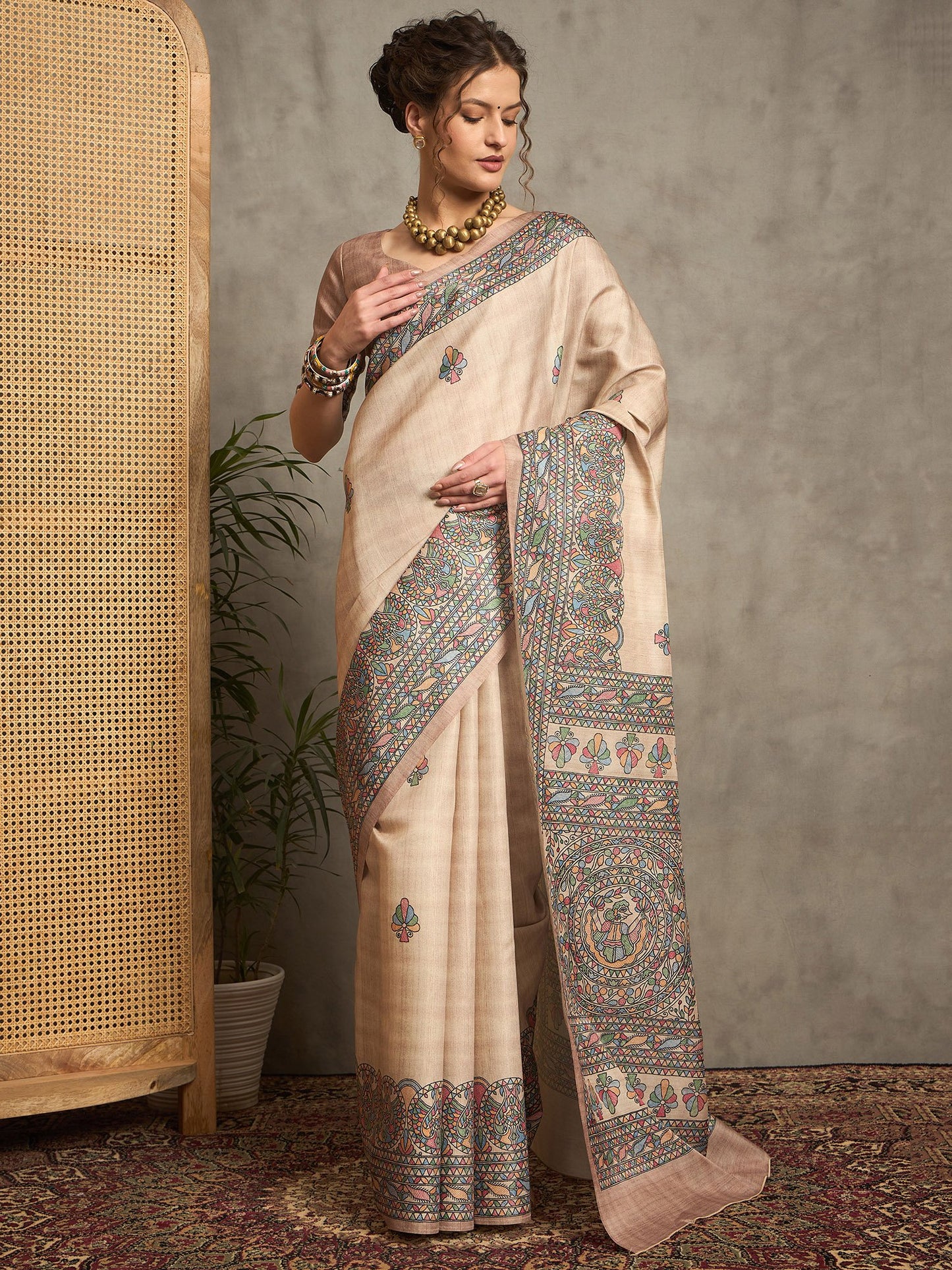 Beige Tussar Silk Blend Printed Saree