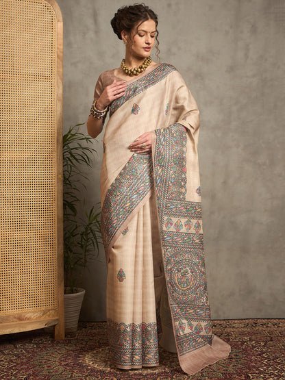 Beige Tussar Silk Blend Printed Saree