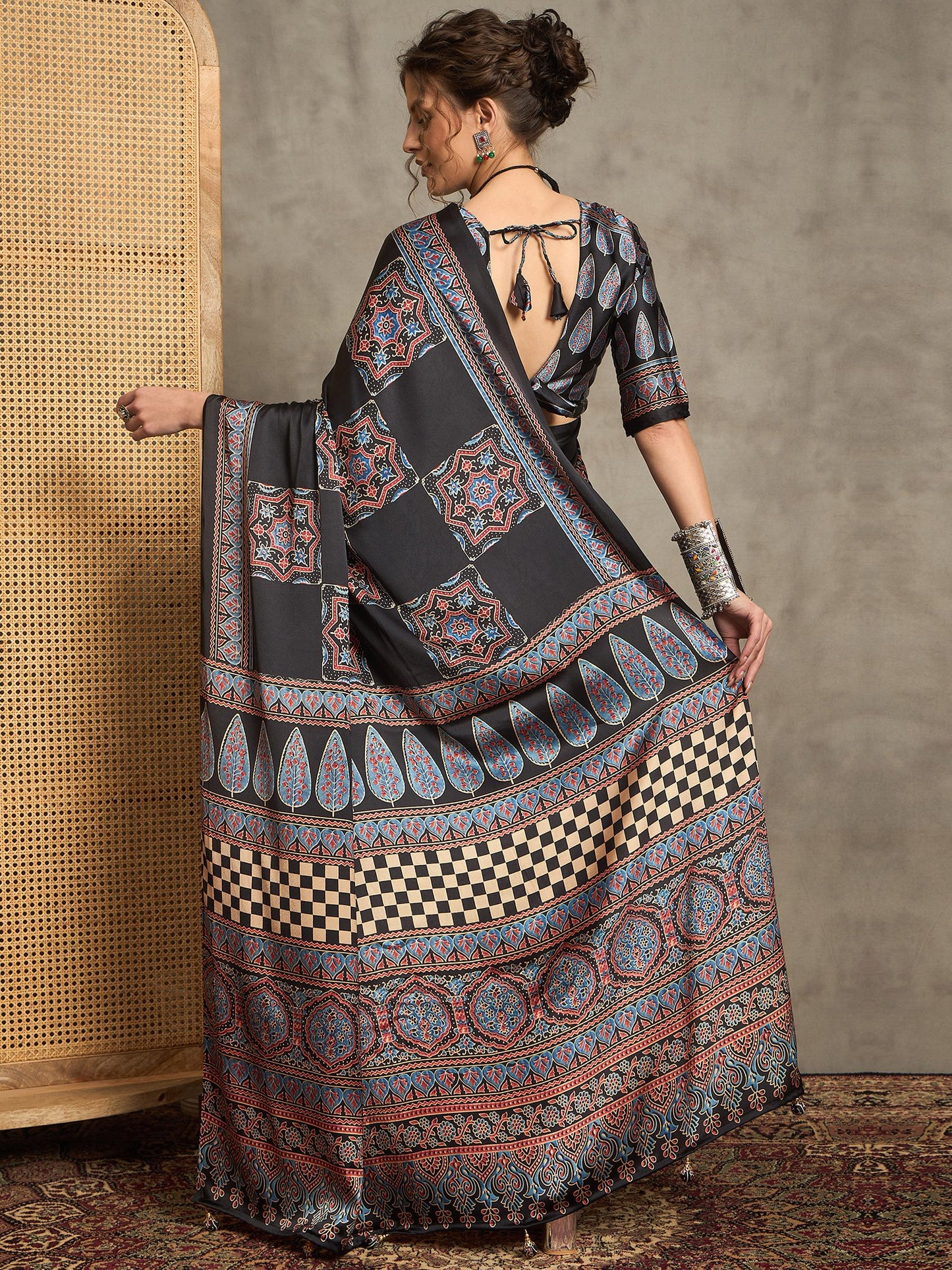 Black Block Print Pure Crepe Printed Saree