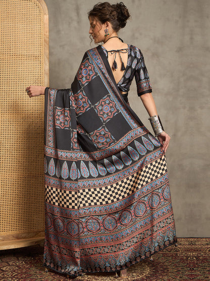 Black Block Print Pure Crepe Printed Saree