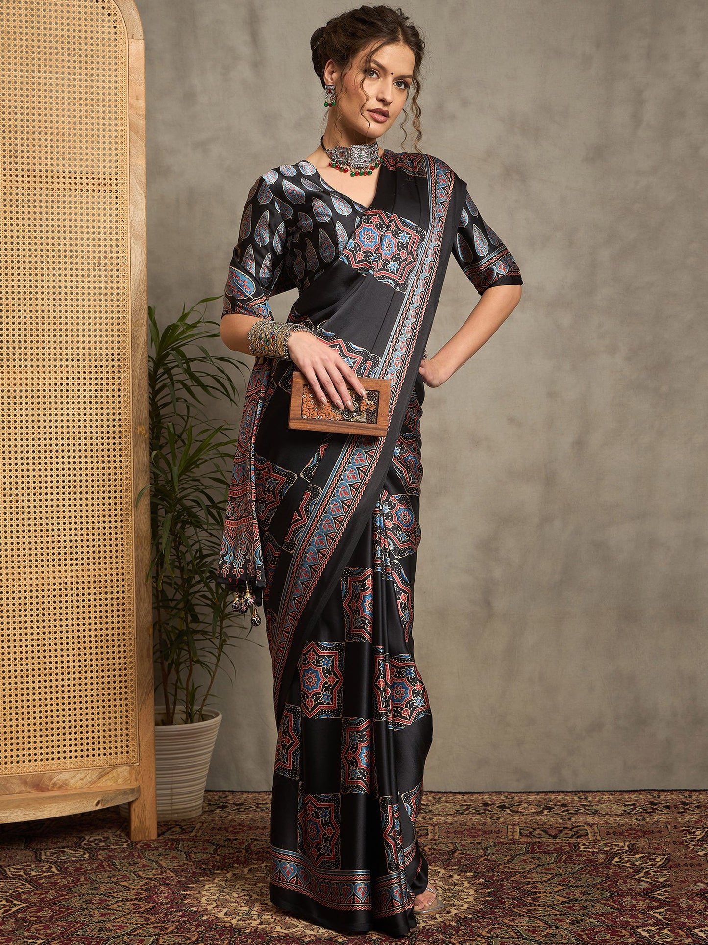 Black Block Print Pure Crepe Printed Saree