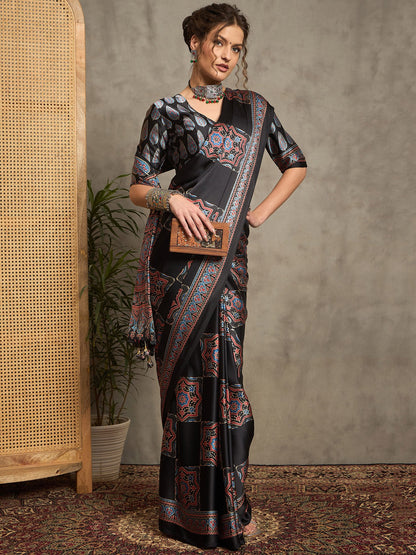 Black Block Print Pure Crepe Printed Saree
