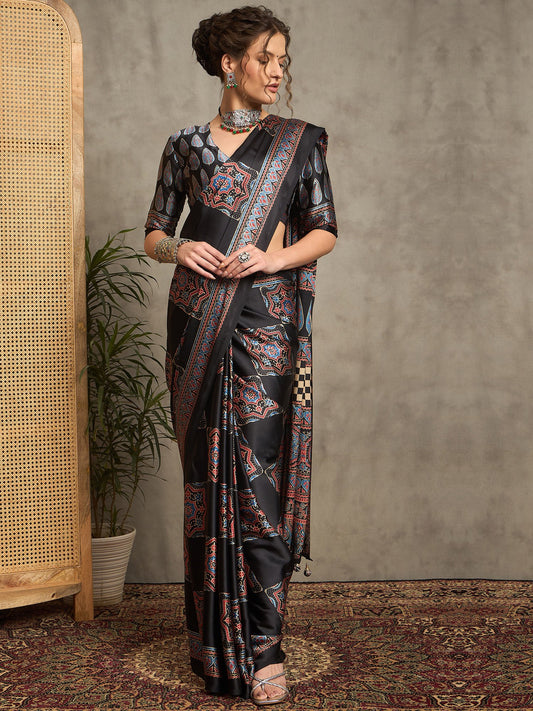 Black Black Block Print Pure Crepe Printed Saree