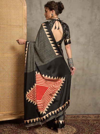 Black Block Print Pure Crepe Printed Saree