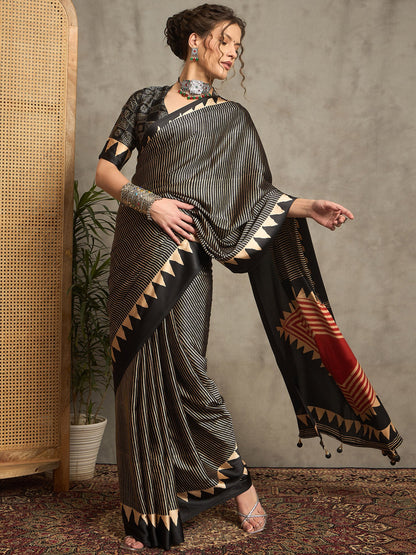 Black Black Block Print Pure Crepe Printed Saree