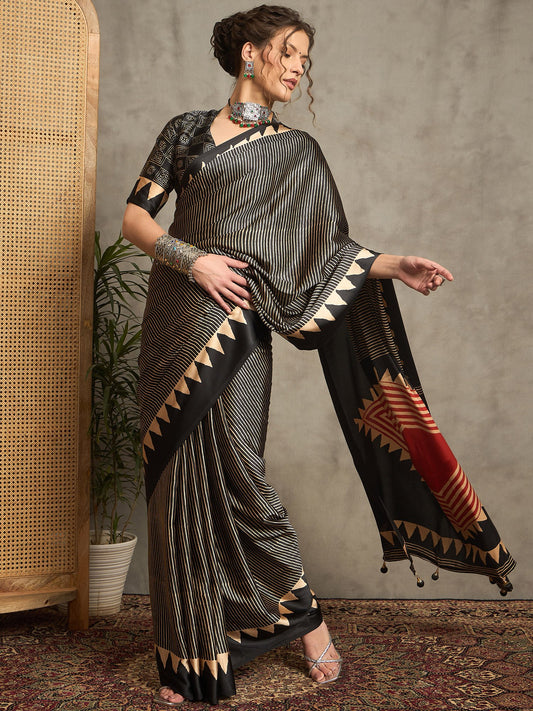 Black Black Block Print Pure Crepe Printed Saree