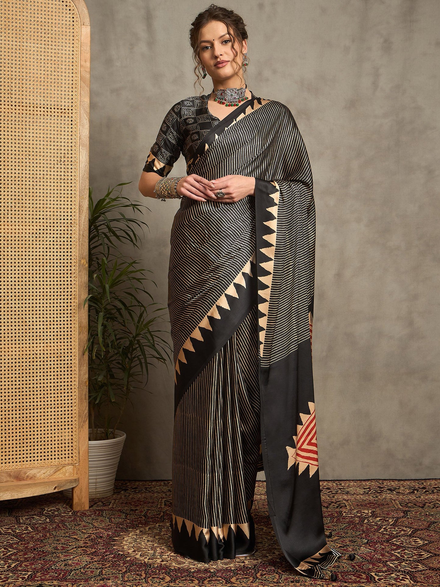 Black Block Print Pure Crepe Printed Saree