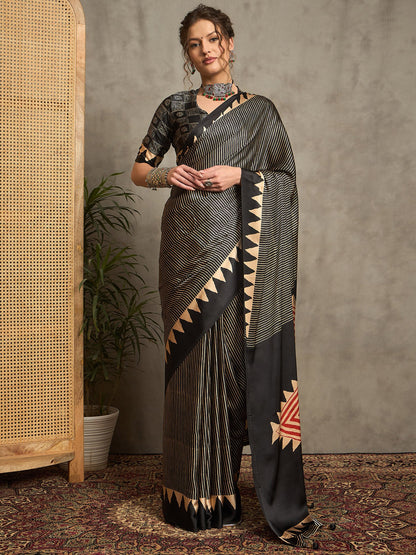 Black Block Print Pure Crepe Printed Saree