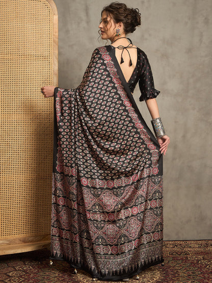 Black Block Print Pure Crepe Printed Saree