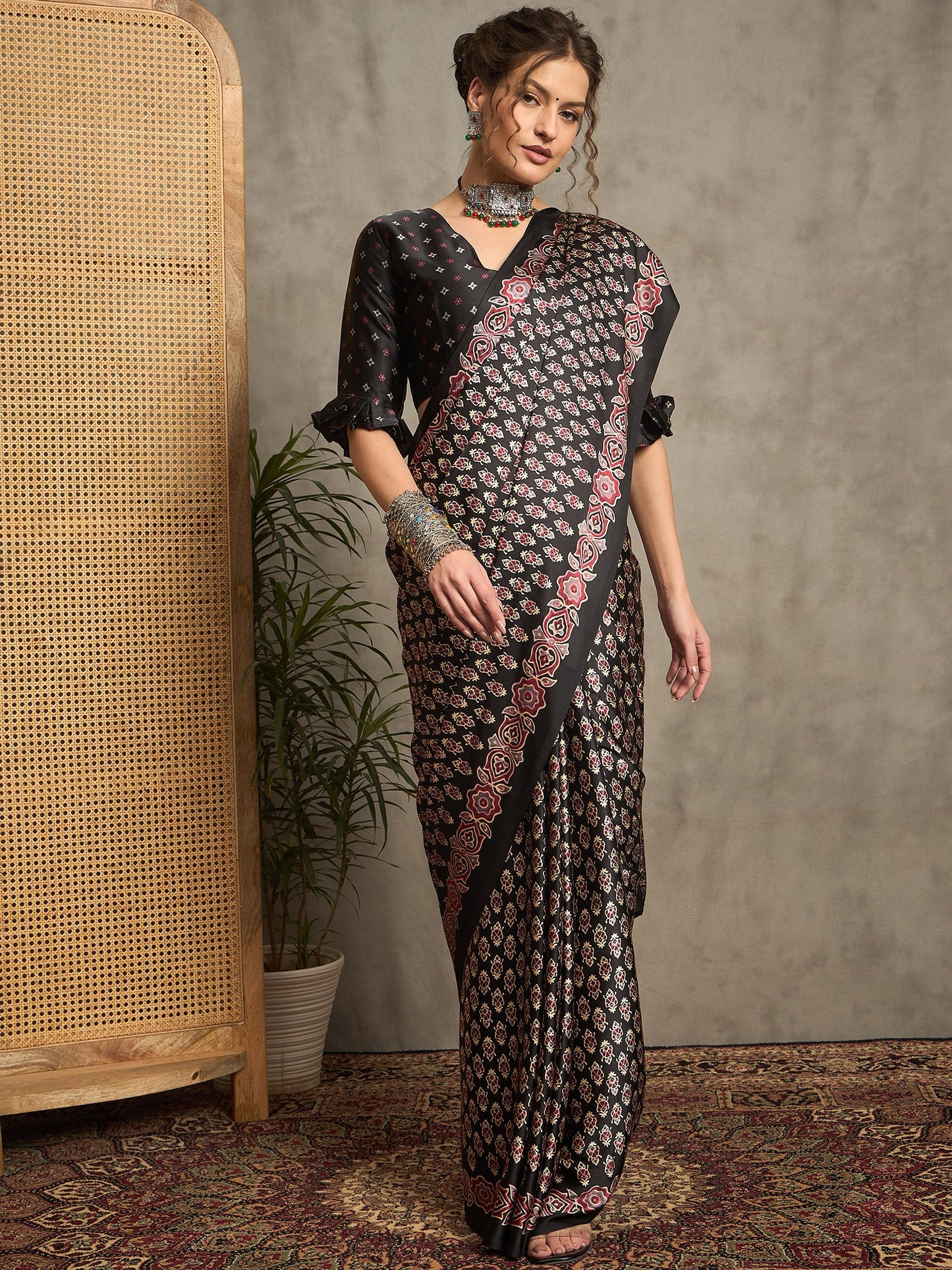 Black Block Print Pure Crepe Printed Saree