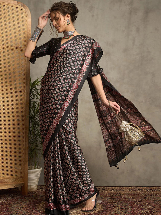 Black Black Block Print Pure Crepe Printed Saree