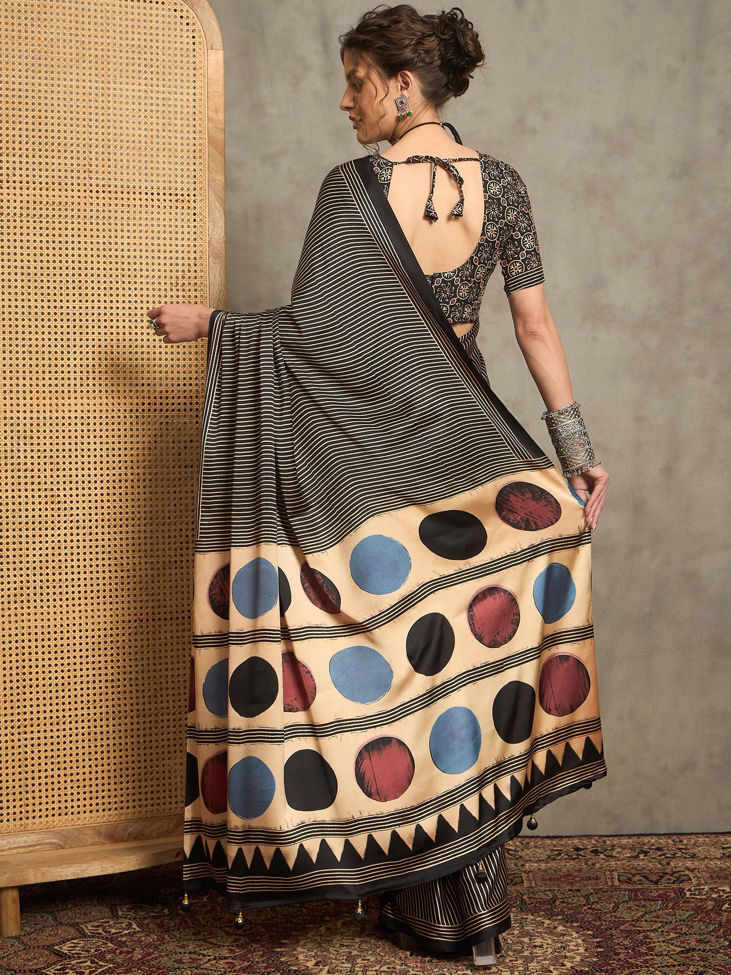 Black Block Print Pure Crepe Printed Saree