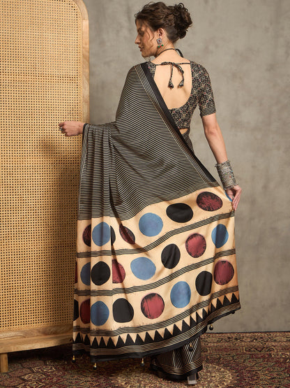 Black Block Print Pure Crepe Printed Saree