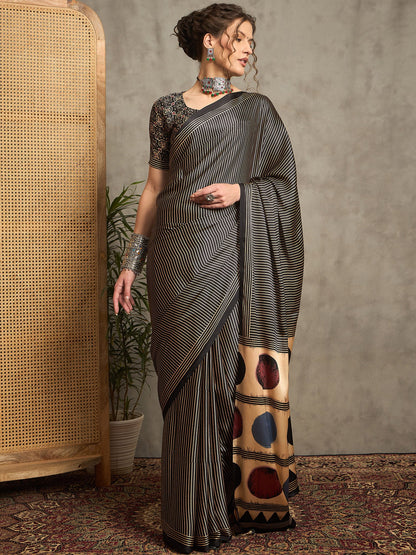 Black Block Print Pure Crepe Printed Saree
