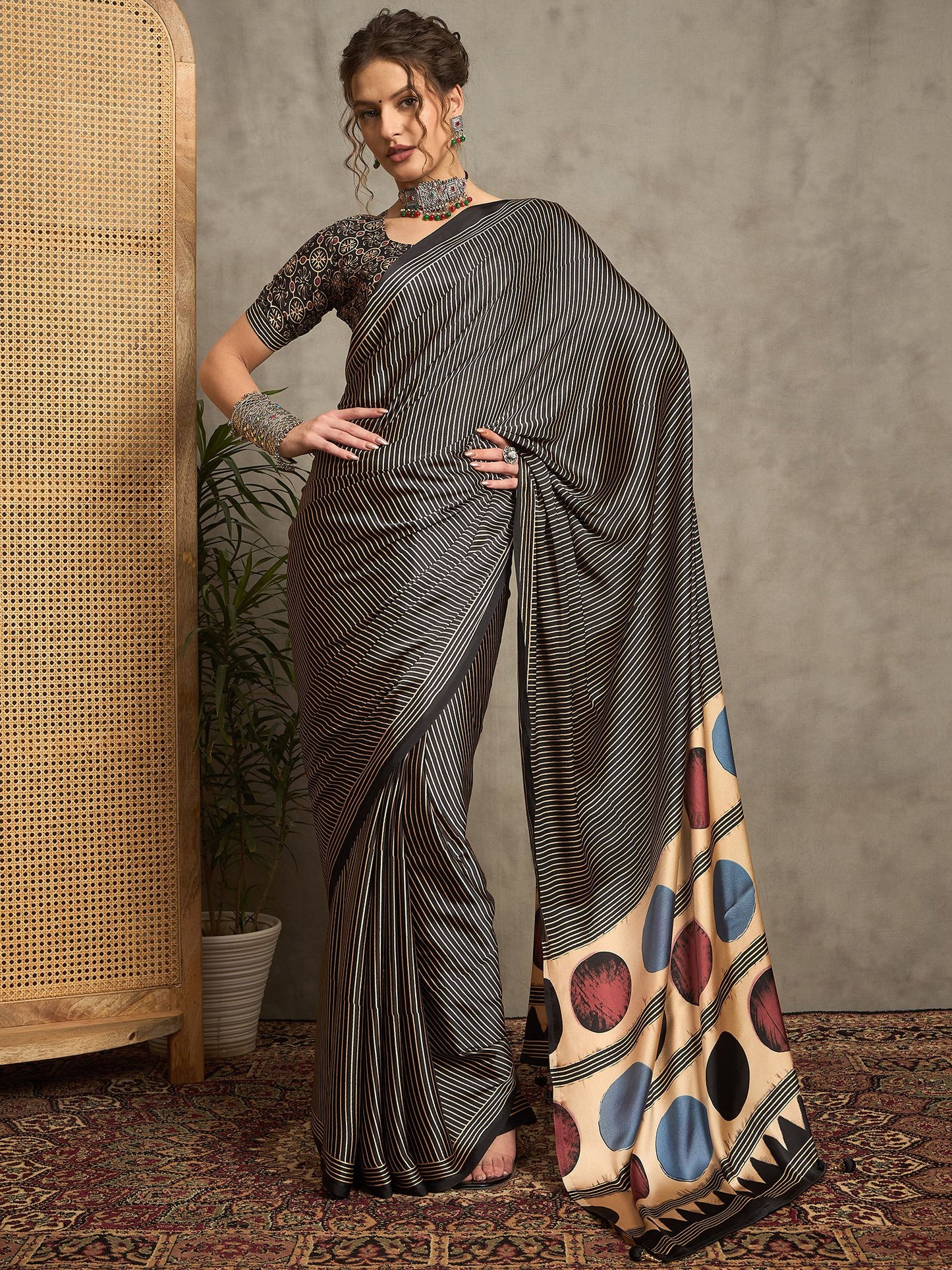 Black Black Block Print Pure Crepe Printed Saree