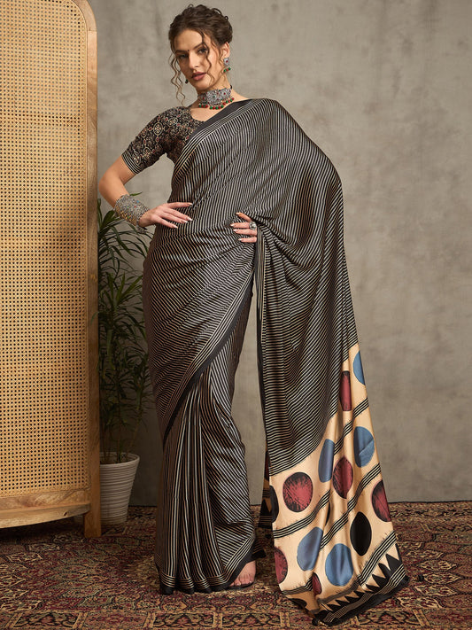 Black Black Block Print Pure Crepe Printed Saree