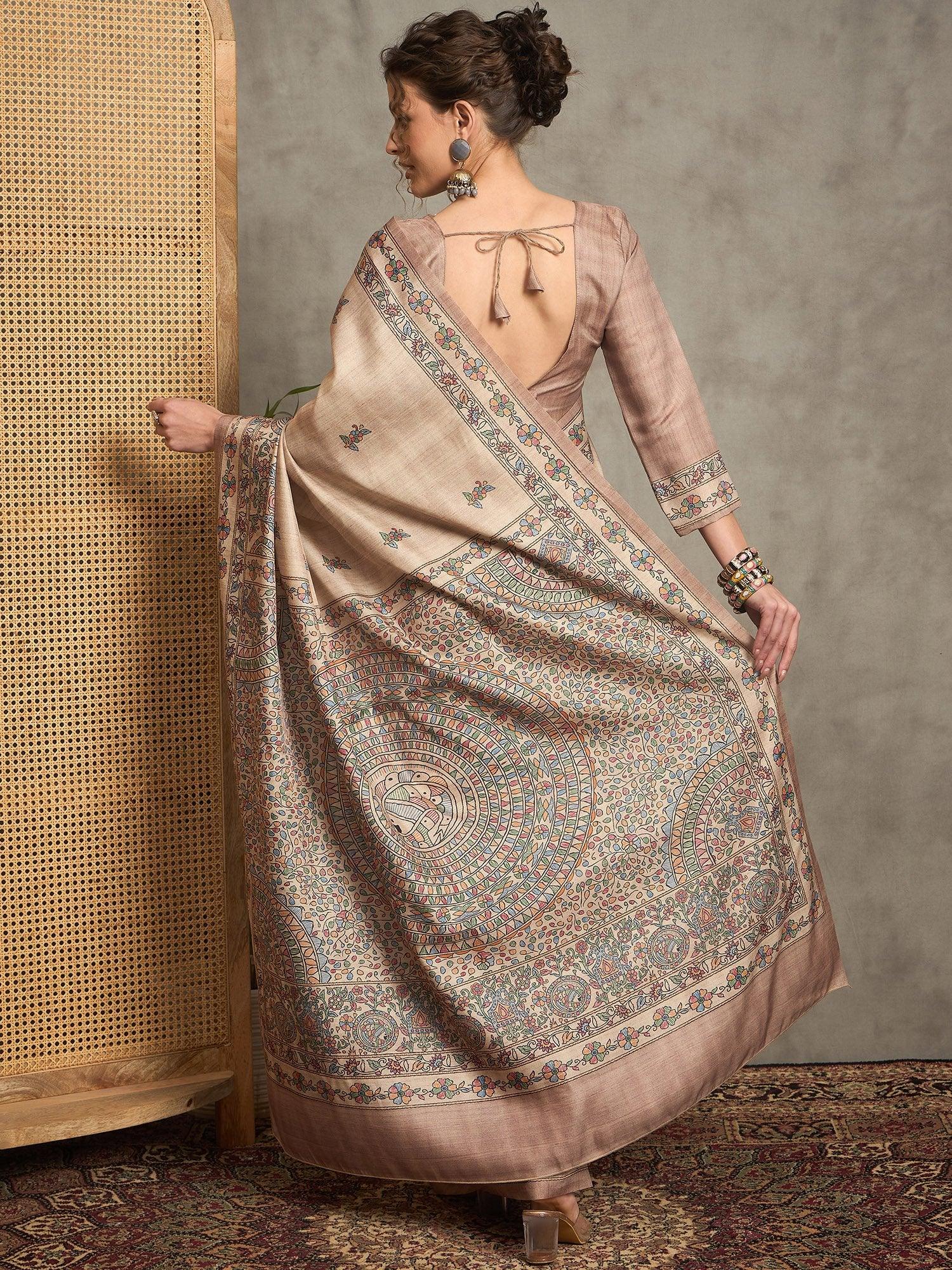 Beige Tussar Silk Blend Printed Saree