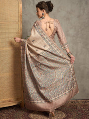 Beige Tussar Silk Blend Printed Saree