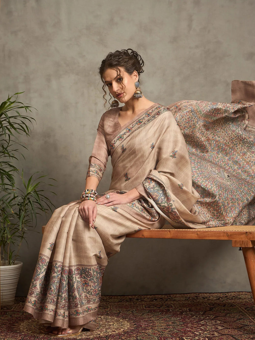 Grey Beige Tussar Silk Blend Printed Saree