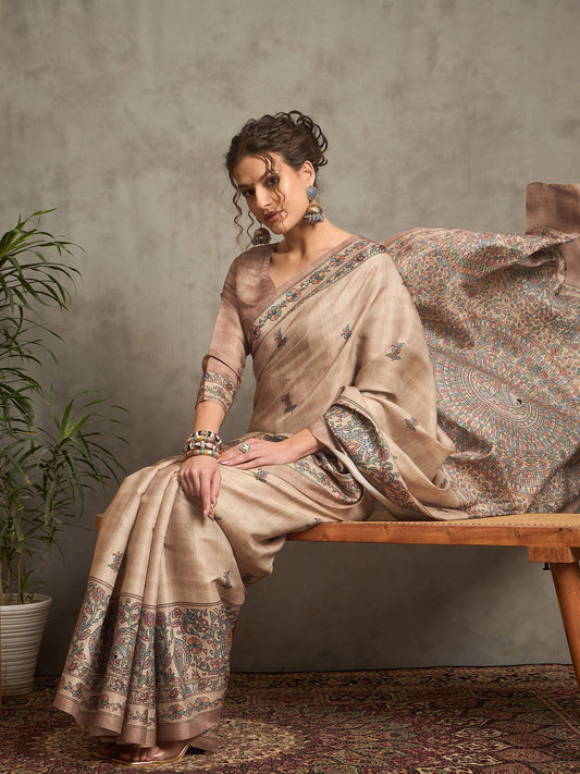 Grey Beige Tussar Silk Blend Printed Saree