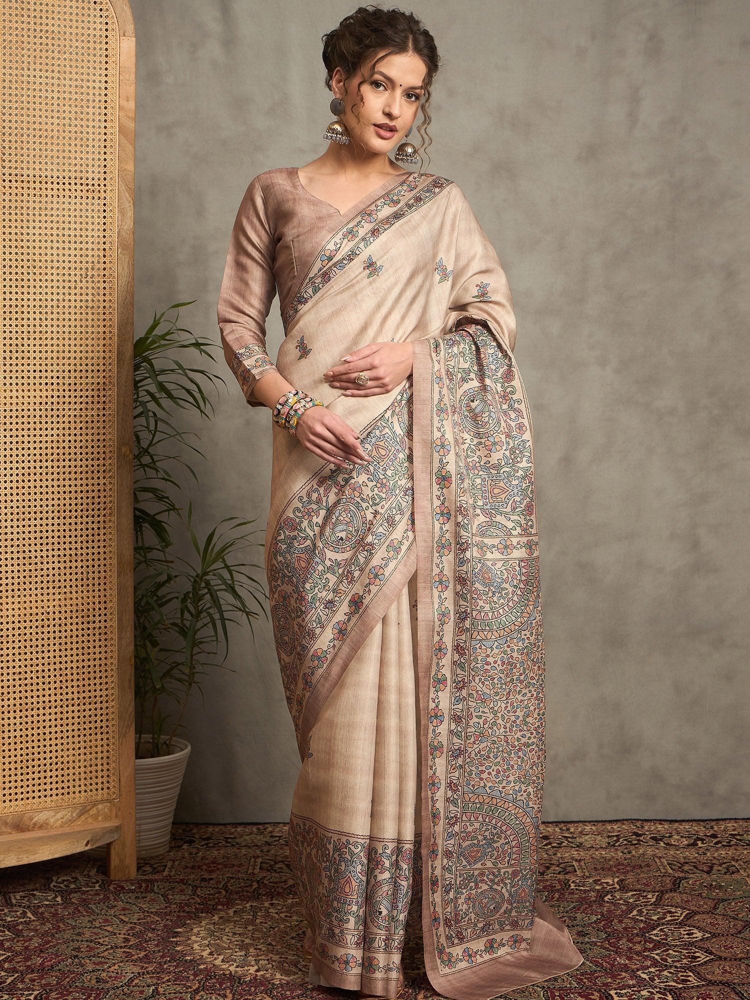 Beige Tussar Silk Blend Printed Saree