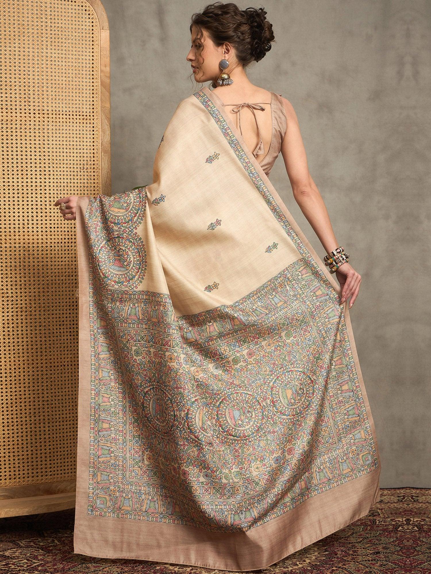 Beige Tussar Silk Blend Printed Saree