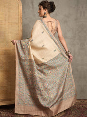 Beige Tussar Silk Blend Printed Saree
