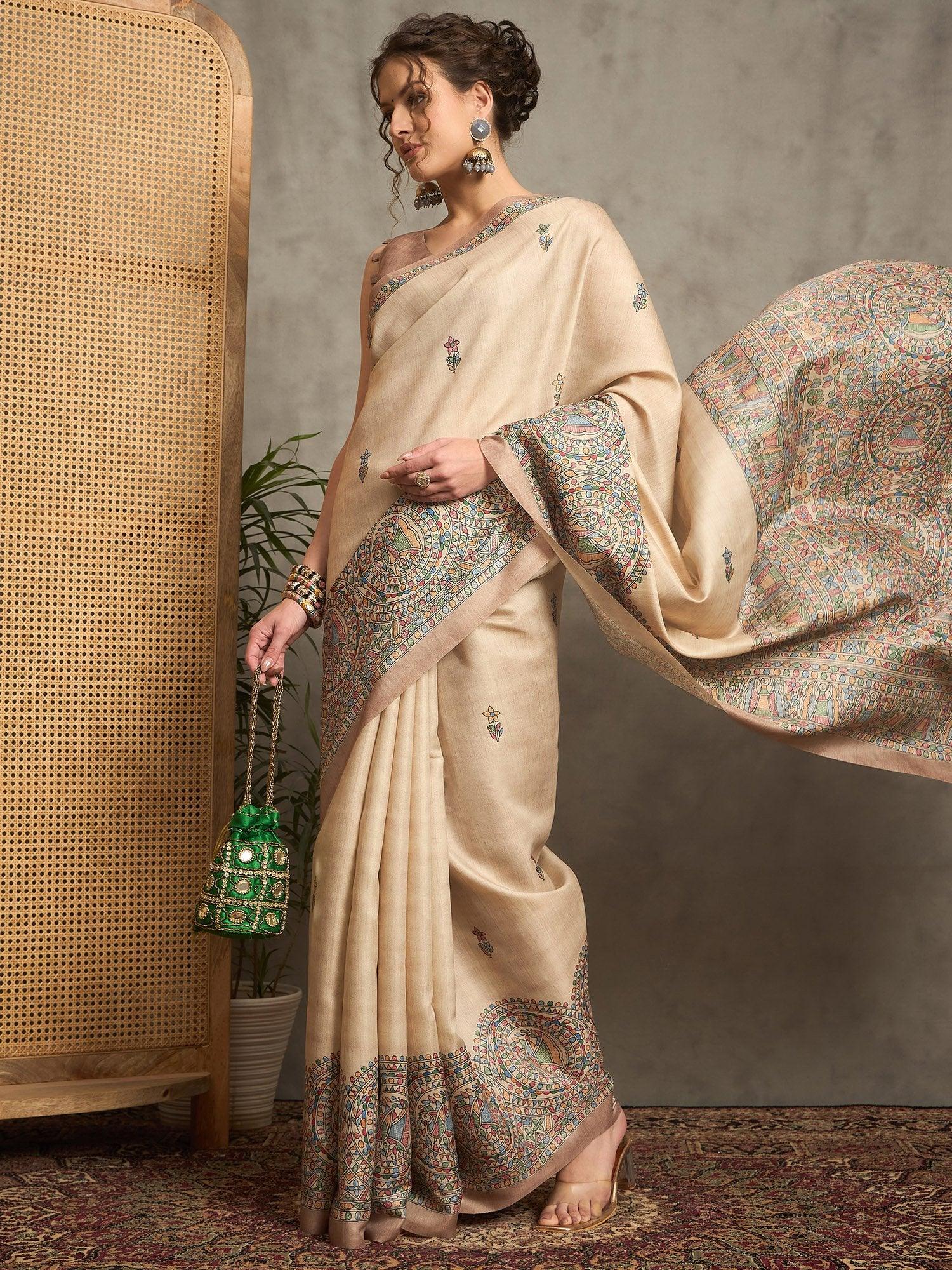 Beige Tussar Silk Blend Printed Saree
