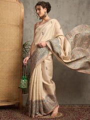 Beige Tussar Silk Blend Printed Saree