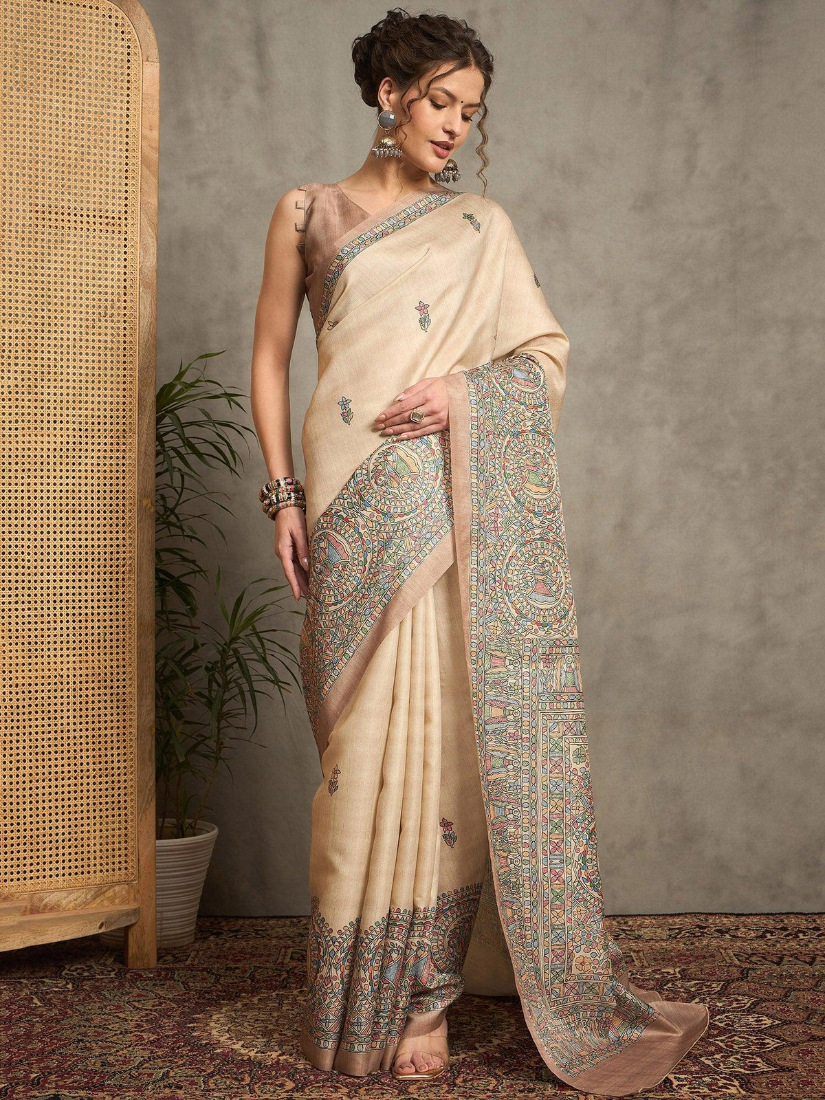 Cream Beige Tussar Silk Blend Printed Saree
