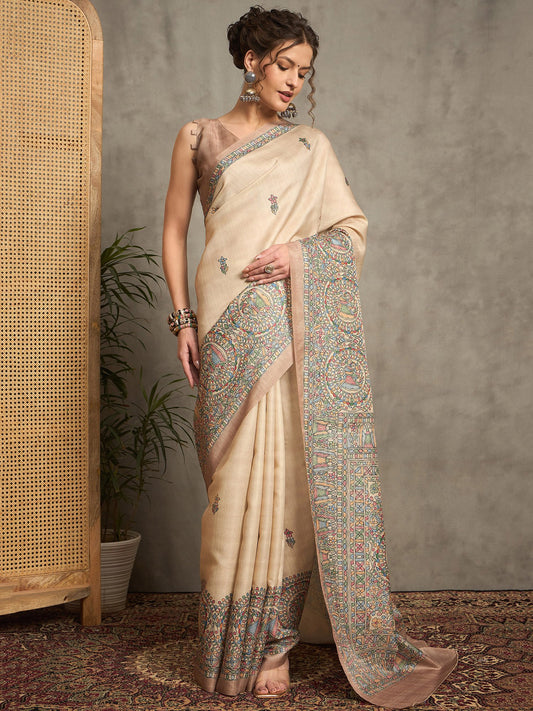 Cream Beige Tussar Silk Blend Printed Saree
