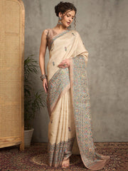 Cream Beige Tussar Silk Blend Printed Saree