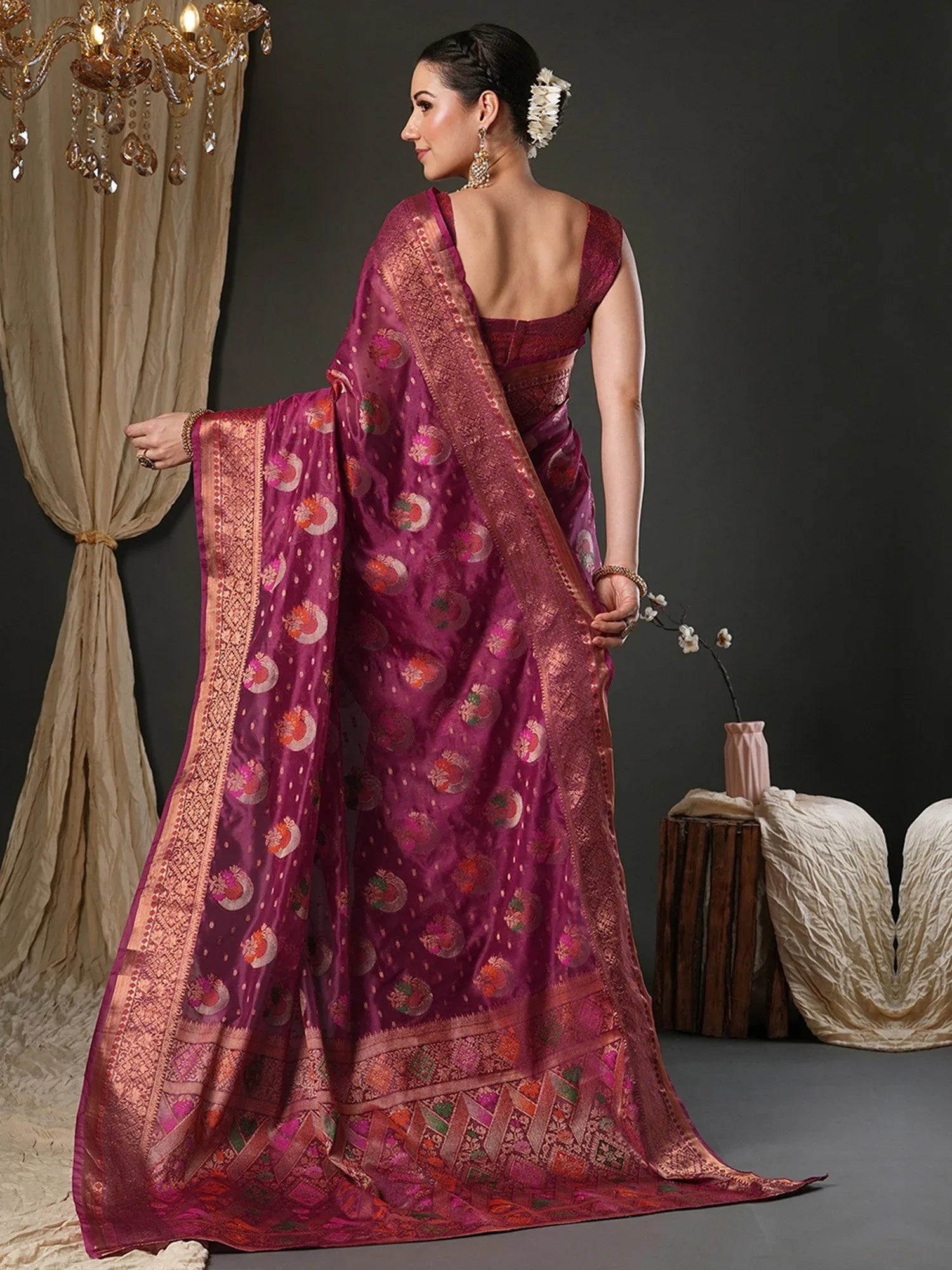 Pink Banarasi Organza Woven Saree