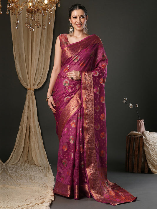Pink Pink Banarasi Organza Woven Saree