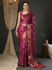 Pink Pink Banarasi Organza Woven Saree