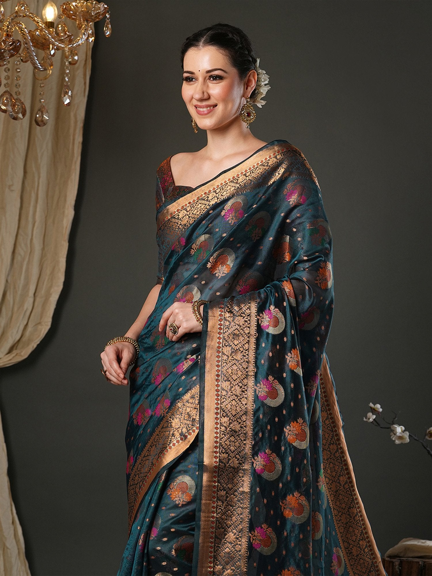 Teal Blue Banarasi Organza Woven Saree