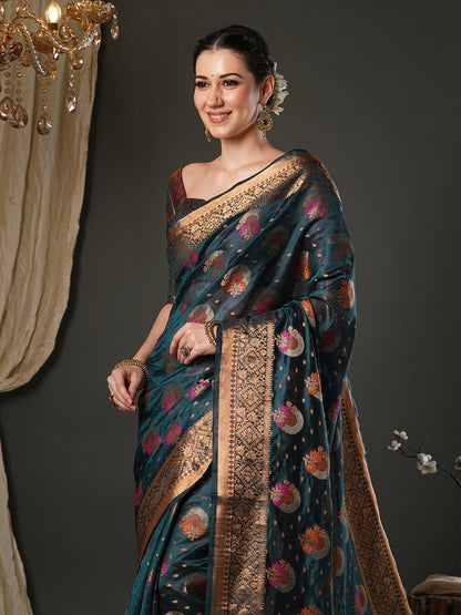 Teal Banarasi Organza Woven Saree