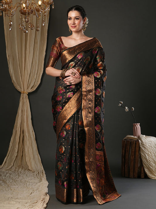 Black Black Banarasi Organza Woven Saree