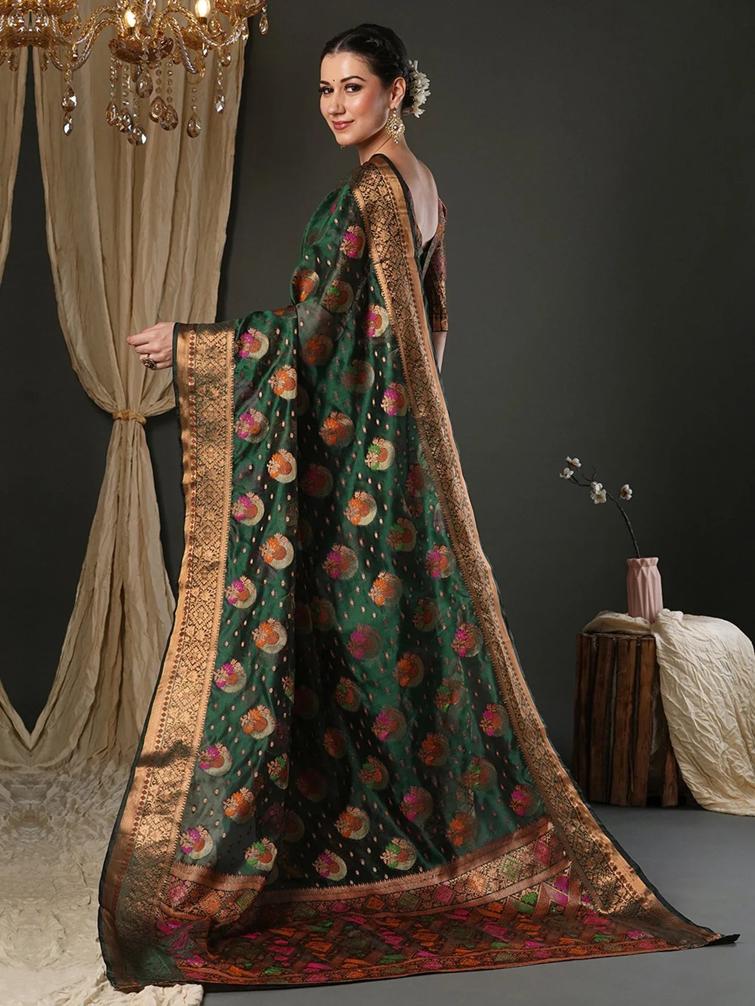 Green Banarasi Organza Woven Saree