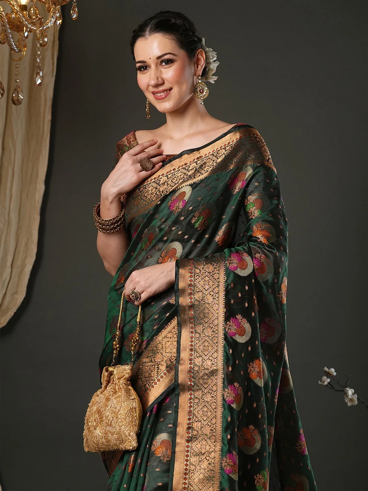 Green Banarasi Organza Woven Saree