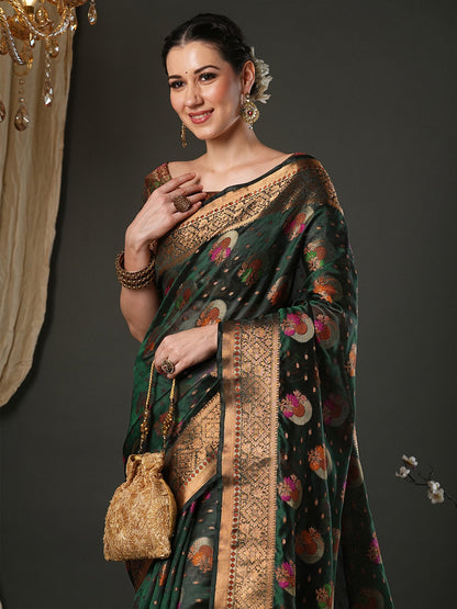 Green Banarasi Organza Woven Saree