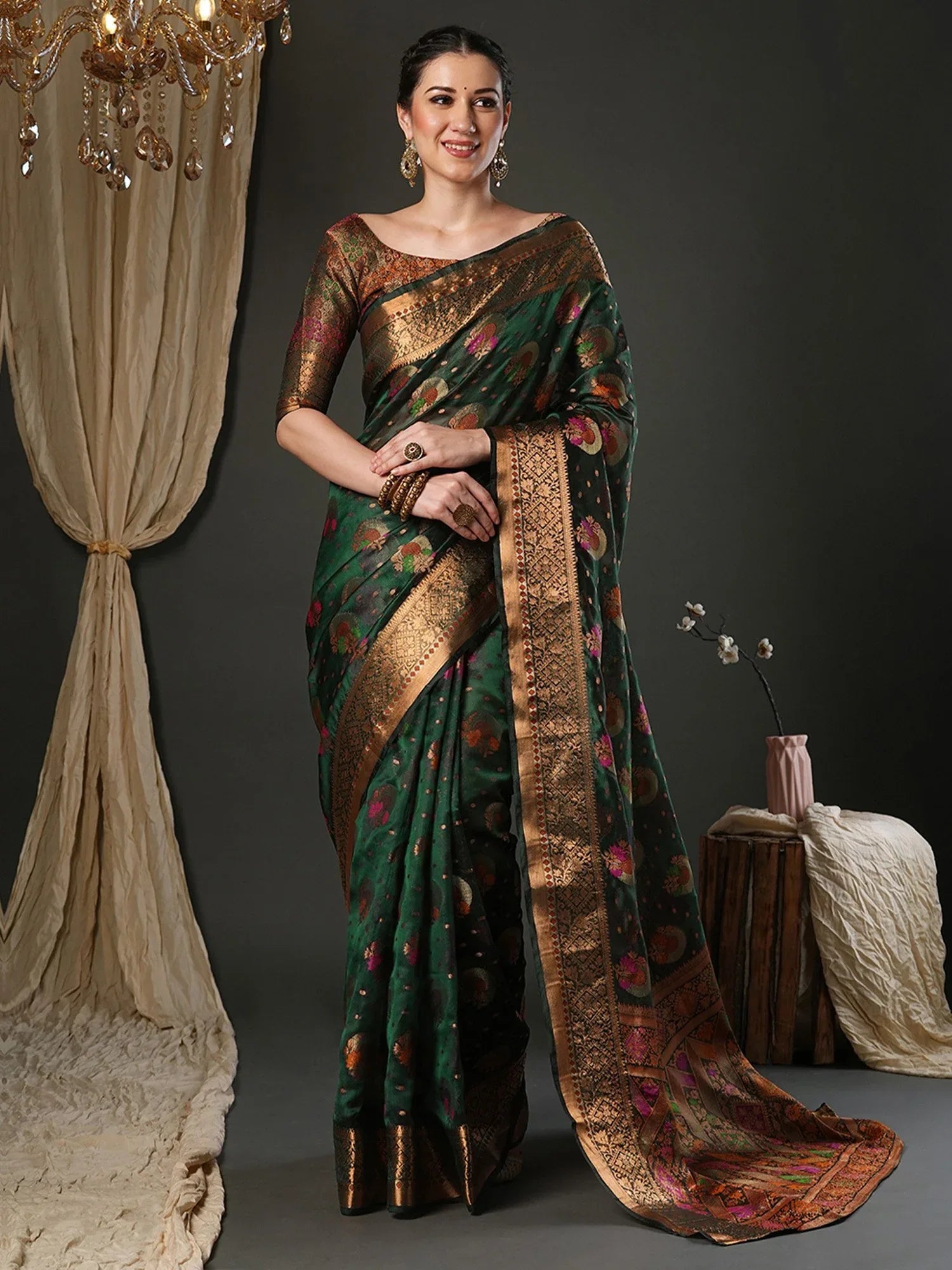 Green Green Banarasi Organza Woven Saree