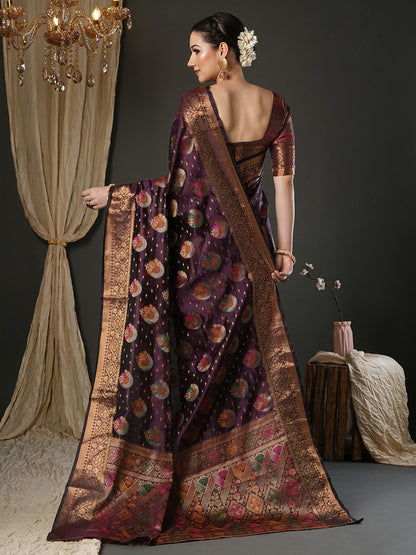 Purple Banarasi Organza Woven Saree