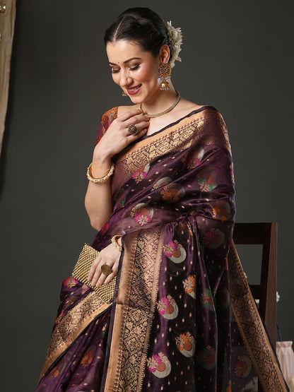 Purple Banarasi Organza Woven Saree